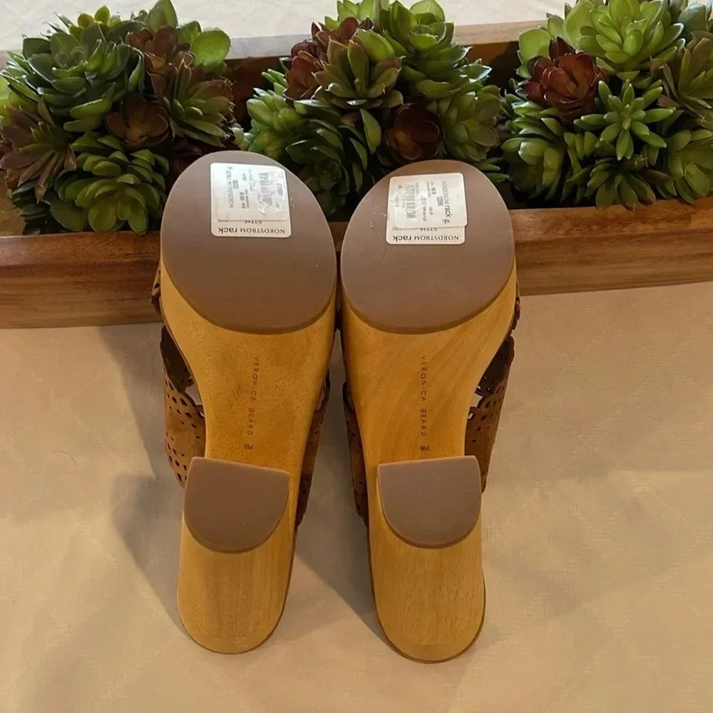 Veronica Beard Tan Suede Platform Mules with Wooden Block Heel